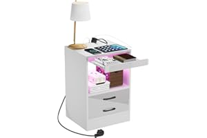‎PIPIPOXER PIPIPOXER Nachttisch Weiß mit LED, Nachttisch mit Steckdose & USB, Nachtschrank mit 2 Schubladen Led 16 Farben, für Wohnzimmer, Schlafzimmer, Weiß, 40x35x60cm