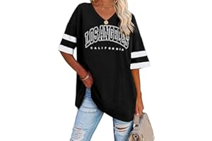 Tomwell Damen Los Angeles Brief T-Shirt mit V-Ausschnitt Kurzarm Sport Sommer Rundhals Oversized Oberteile Drucken Sweatshirt Lose Bluse Tunika Lang für Teen Girls Top