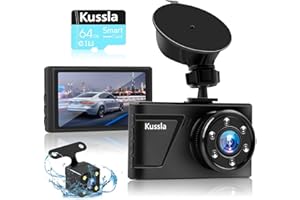 Kussla Dash Cam Front and Rear with 64GB SD Card, 1080P FHD 3”IPS Screen Dual Dashcam for Cars, 170° Wide Angle Dashboard Car Camera Night Vision, G-Sensor, Loop Recording, Park Mode, Motion Detection