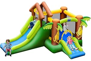 COSTWAY Castello Gonfiabile Per Bambini, Con Scivolo, Muro per Arrampicata e Trampolino, Per Bambini 3-10 Anni, Con Borsa di Trasporto e Kit di Riparazione