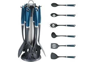 Posten Anker Lot de 7 ustensiles de cuisine en nylon bleu pétrole | Batterie de cuisine avec support | Accessoires de cuisine | Kit de cuisine | Ustensiles de cuisine | Spatule | Cuillère | Louche à