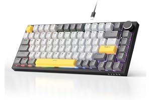 AJAZZ AK820 Wired Mechanical Keyboard, 75% Gaming Keyboard with Volume Control Knob, PBT Keycaps, 82 Keys, Five-Layer Sound Insulation Pad, South-Oriented RGB, Full-Key Hot Swap, Grey White Yellow