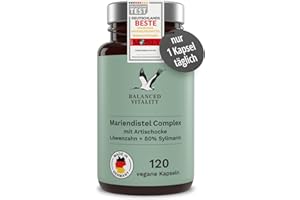 ‎BALANCED VITALITY Mariendistel Kapseln - Artischocke, Löwenzahn Complex & 80% Silymarin - 120 vegane Kapseln für 4 Monate - ohne Zusatzstoffe - laborgeprüft - Balanced Vitality