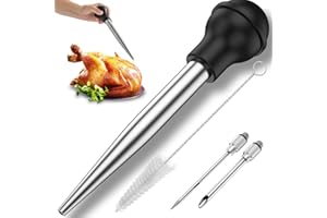 Caffney Turkey Baster Set of 4 Stainless Steel Turkey Baster Syringe Meat Marinade Injector Needle with 2 Needles Silicone Bulb and Cleaning Brush Meat Baster for Kitchen Cooking