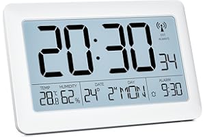 LATEC Orologio, Sveglia Digitale Radio Controllata con Ampio Schermo LCD da 7,5" - Orologio Digitale a Batteria con Temperatura/Umidità/Calendario - Sveglia/Funzione Snooze – Retroilluminazione