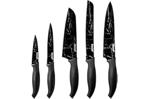 hecef Set Coltelli da Cucina con Disegno Marmo, Nero 5PCS, include Coltello da Chef, Coltello Pane, Acciaio Inox, Manici Ergonomici, per Verdure e Carne