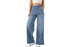 YueYue Womens Wide Leg Jeans Loose High Waisted Straight Pants with Pockets Summer Spring Casual Denim Long Trouser Stretch Jeans Y2K Streetwear Vintage Baggy Trousers with Elasticated Waist