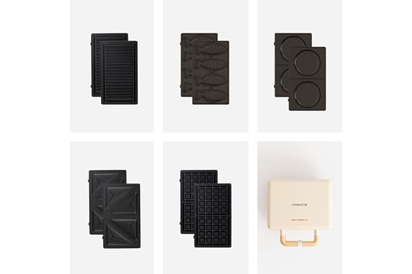 CREATE/STONE STUDIO/Appareil à croque-monsieur Blanc cassé / 5 plaques interchangeables : Grill, Gaufre, Sandwich, Taiyaki et Crêpes, antiadhésif, ouverture à 100º, arrêt automatique, rétro, 800W