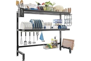 NETEL ciekacz do naczyń nad zlewem, 3 poziomowy ociekacz do naczyń ze stali nierdzewnej Ociekacz do stojaków Organizer kuchenny z uchwytem na uchwyt na deskę do krojenia, blok noża, Czarny 85cm