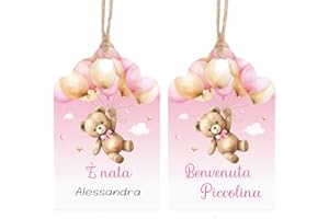 BETESSIN 60pz Bigliettini Bomboniere Nascita Bimba Etichette Benvenuta Bambina Tag Biglietti Confetti con Nastro Iuta Decorazione per Regalo Scatole Sacchetti Portaconfetti Battesimo