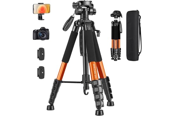Trépied Appareil Photo pour Smartphone 187cm, JOILCAN Trépied Caméra avec Tête Pan Amovible à 3 Voies, Aluminium Portable Trepied pour Nikon Canon Sony DSLR, Téléphone Support pour iPhone (Orange)