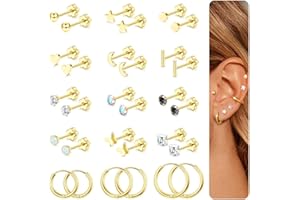 JeweBella 15 Pairs Flat Back Stud Earrings for Women - Surgical Steel, Hypoallergenic Zirconia Opal - Silver/Gold Small Helix Cartilage Hoops for Multiple Piercings