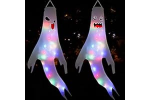 MAISITOO Manica a Vento Fantasma di Halloween 2 Pezzi Bandiera Appesa a LED di Halloween Halloween Decorazioni Halloween Ghost Decorazione Appesa di Halloween per Giardino All'aperto,Patio 50x120cm
