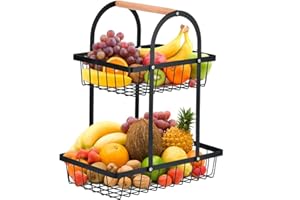 ANNTIM Cesta de Frutas de 2 Niveles, Fruteros de Cocina 2 Pisos, Cesta de Cocina para Frutas y Verduras, Negro Frutero 2 Pisos para Cocinar, Verduras, Aperitivos y Pan