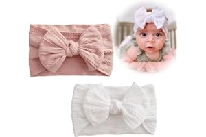 FC'NOQGN 2er-Pack Baby-Haarbänder, Baby-Mädchen-Stirnbänder aus Nylon, Baby-Schleifen-Stirnbänder, weiche Schleifen-Stirnbänder, elastische Haarbänder für Neugeborene und Kleinkinder (rosa und weiß)