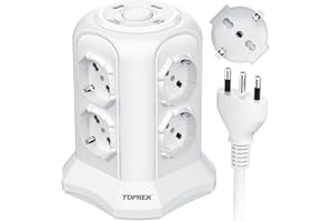 TOPREK Multipresa Verticale con 8 Prese Universali ITA 10/16A e Schuko e 2 USB C e 2 USB A(USB-C1 20W PD3.0 Ricarica Rapida), 4000W/16A, Ciabatta Multipresa con Interruttore, 2M Cavo,Spina 16A,Bianco