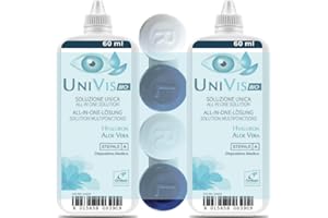 Univis Bio Soluzione Unica per Lenti a Contatto. Con Acido ialuronico ed Aloe vera - Pocket Pack 2x60 ml + 2 Portalenti inclusi (compatibile con cassetta della posta)