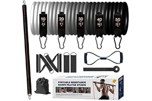 Hemmagym 4,6kg - 22,7kg Träningsset Motståndsband, 5 Nivåer Elastisk Band med Stång, Tillbehör, Bärvaska