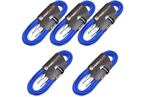 VisioSound 5 x 6.35mm 1/4" Stereo TRS Jack to TRS Jack Lead/Balanced Signal/Audio Patch Cable (Blue, 6m, Pack of 5)