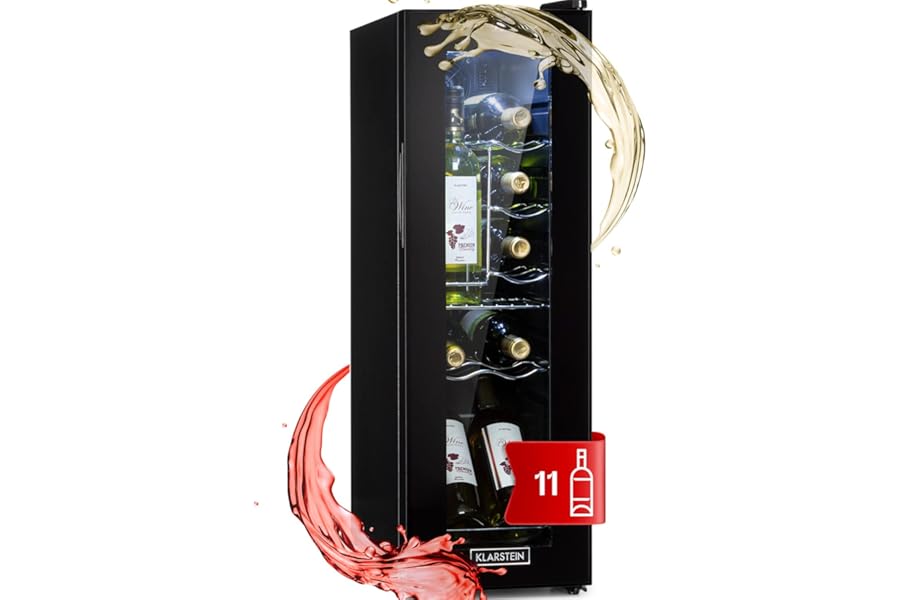 KLARSTEIN Design Wine Cellar, Single Zone Refrigerated Wine Rack for Red, White and Beer, Touch Controls, Fridge Wine Rack for Outdoor/Indoor, 5-18°C, 32L, 12 Bottles