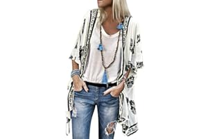 ORANDESIGNE Femmes Gilet Kimono Casual Veste Cardigan Été Floral Lâche Outwear Blouse Chic Bohème Pareo Tops Demi-Manches Cover Up Cardigan de Plage