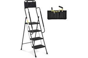 HBTower Escabeau 4 Marches, Échelle Pliable avec Rampes, Largees Marches Antidérapantes et Sac à Outils, Charge Maximale 150 kg, Idéale pour Cuisine, Garage et Bricolage