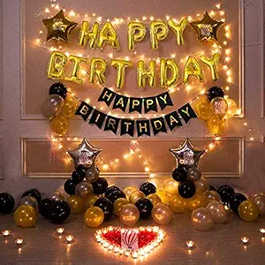 HK balloons Black Gold & Silver foil balloons Birthday Decoration Items Kit with LED lights & Banner for boys and girls , Pack of 57