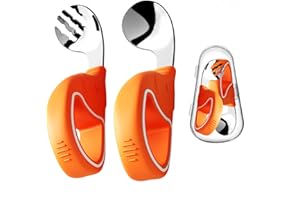 ORAGKE Kinderbesteck ab 1 jahr, Baby Besteck Edelstahl, Esslernbesteck mit Ergonomischer Silikongriff, Esslernlöffel Baby, Baby Besteck ab 1 jahr, Bestecksets für Kleinkinder mit Etui (Orange)