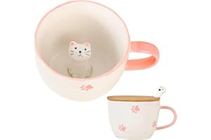 BIGNOSEDEER Prezenty dla kobiet uroczy kot kubek do kawy filiżanka do herbaty z pokrywką łyżeczki, kawaii, zabawne fajne kubki, walentynki, Dzień Matki, Halloween, prezenty świąteczne dla niej, żony, mamy, babci,