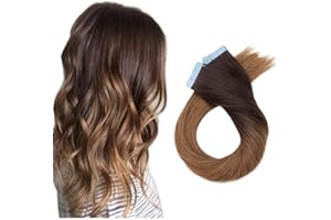 Elailite Extension Biadesivo Capelli Veri Totalmente Invisibili 20 Ciocche Adesive 50g Tape Biadesive Remy Human Hair Capelli Naturali 40cm #2T6 Marrone shatush Castano