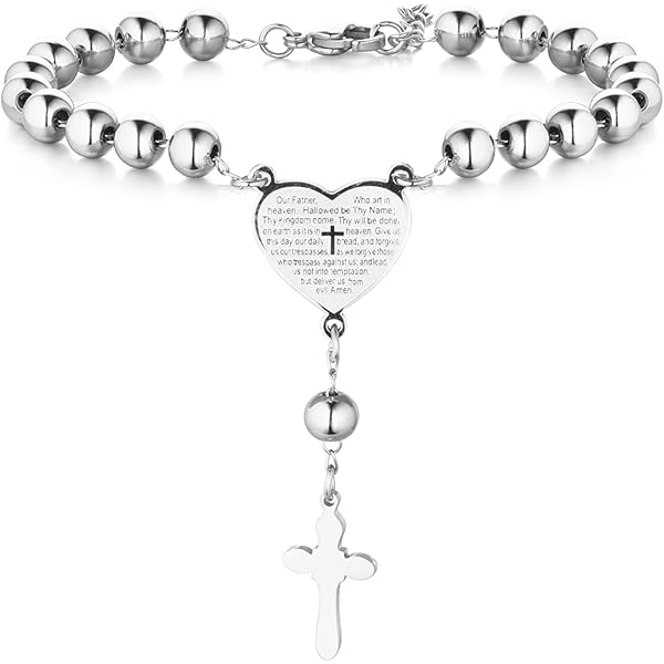 Flongo 2-delige rozenkrans armband halsketting: sieradenset met kruis hanger, katholieke Maagd Maria, goud zwart rozenkrans, roestvrij staal, verstelbare armband, ketting, religieuze bescherming