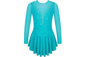 TiaoBug Abito da Pattinaggio Artistico sul Ghiaccio per Ragazze Bambine Concorso Gara di Pattinaggio di Figura Vestito da Balletto Pattinatrice a Maniche Lunghe 4-14 Anni