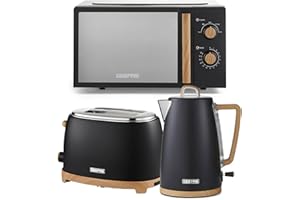 GEEPAS Kitchen Set NordiQ Design | Matte Finish with Wood Accents (Black, Kettle, 2 Slice Toaster & Microwave Set)