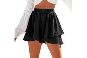 Auriselle Pantalones Cortos de Verano Mujer, Pantalones Cortos con Cintura elástica, Borde con Volantes, Peto Verano, Playa, Ligeros, cómodos, Holgados, Informales, Elegantes, Negros, Tallas S-XL