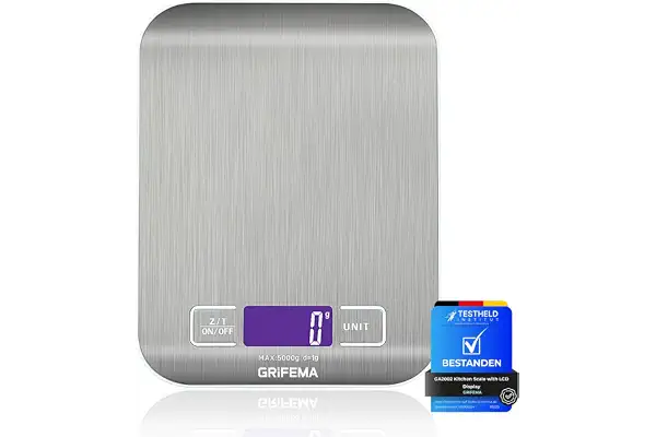 GRIFEMA - GA2002, Báscula de Cocina con Pantalla LCD, Acero Inoxidable, Balanza de Alimentos Multifuncional 5 kg/11 lbs, Color gris: Color de pantalla: Azul [Exclusivo en Amazon]
