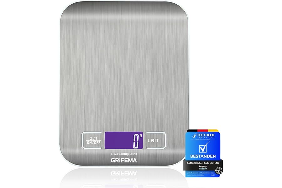 GRIFEMA - GA2002, Báscula de Cocina con Pantalla LCD, Acero Inoxidable, Balanza de Alimentos Multifuncional 5 kg/11 lbs, Colo