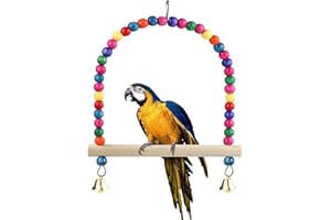 LuckyOpt Bird Swing, Natural Wooden Colorful Parrot Toy with Perch Stand and Bell, Cage Hanging Boredom Breaker for Budgie, Parakeet, Cockatiel (L)