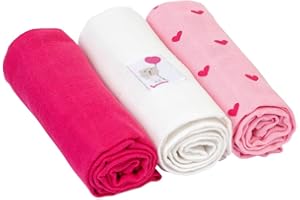 ‎BORNINO Bornino Mulltücher (3er-Pack) Herz Basics Baby Mullwindeln 80x80 cm - saugstark - pflegeleicht - weiches Gewebe aus reiner Baumwolle - rosa