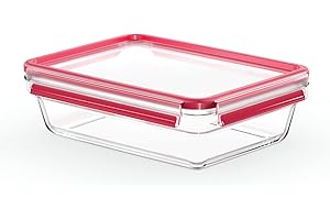 EMSA Clip & Close Glas Frischhaltedose, rechteckig, 2 L, 100 Prozent dicht, rutschfestes Stapeln, Glasbehälter spülmaschinen-, gefrier-, backofen-, mikrowellenfest, Rot, Transparent, N10411