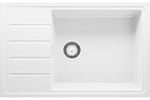 Fregadero Cocina 78 x 50 cm, Fregadero Granito Un Seno + Sifón Clásico, Fregadero Empotrado Copenhague 780-60 de Primagran, Blanco