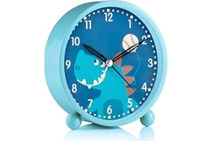 VORRINC Despertador Infantil con Luz Nocturna, Despertador Analógico para Niños, Función de Repetición de Alarma, Compacto, No Tictac, para Viajes, Silencioso (Dinosaurio Azul)