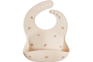 mushie Silikonowy śliniak dla dziecka, regulowane wodoodporne śliniaki, łatwe w czyszczeniu, 4 regulowane rozmiary z głębokimi kieszeniami z przodu, wolne od BPA i ftalanów, Tęcza, Rozmiar uniwersalny