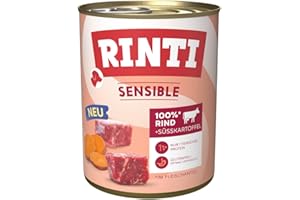 RINTI - Sensible | Nassfutter für Sensible, ausgewachsene Hunde mit natürlichen Fleischstücken. Getreidefreies Alleinfutter in der Dose ohne künstliche Zusätze | 6x800g Rind + Süßkartoffel