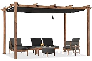 PURPLE LEAF Pergolato da Giardino Pergola 3 x 4 M in Alluminio per Esterno con Tetto a Scomparsa Poliestere Impermeabile e Resistente ai Raggi UV Struttura in Legno Struttura in Legno, Grigio