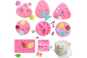 WWYSSZ 8 Pezzi 3D Stampi Fiori in Silicone per Dolci, Stampo in Silicone per Mini Fiori Foglia, Forma di Rosa, Daisy, Cuore e Farfalla, per Decorare Cake, Caramelle, Cioccolato, Fondente, Gesso,Resina
