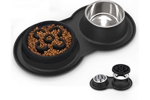 BurgeonNest Slow Feeder Dog Bowls, 27oz Stainless Steel 4-in-1 Food and Water Bowls with No-Spill Silicone Mat Bloat Stop Slow Down Eating Puzzle Bowl for Medium Small Sized Dogs