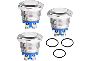 RAYKCE 19 mm Momentary Button 12 V 5 A AC/DC 220 V Flat Head Push Button IP65 Waterproof - Pack of 3 Screw Terminals Bell Push Button Normally Closed Stainless Steel Push Button for Cars Ignition Systems