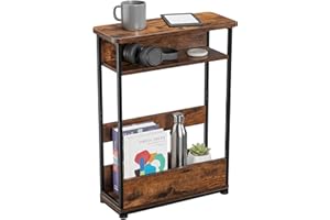 YEAKOO Narrow Side Table for Narrow and Small Spaces, Skinny Bedside Table Small Nightstand with Magazine Rack Space Saving (Rustic Brown, M)