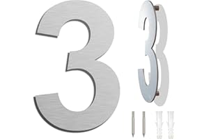 YWONOBY Stainless Steel House Number - Weatherproof and Easy Care - Metallic Matte Silver Finish - Modern Floating Look and Easy Installation - Height 152 mm - Arial Number 3