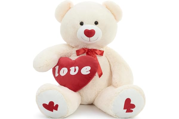 MorisMos XXL Nounours Geant avec Cœur Rouge, 130cm Beige Ours en Peluche Géant Grosse Douce Teddy Bear Jouet Mignonne Grand Cadeau pour Enfant Petite Amie Anniversaire Noël Deco